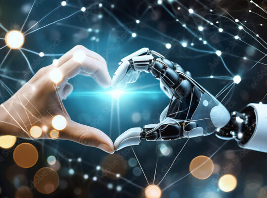 main de robot et d'homme en forme de cœur, concept IA, technologie, intelligence