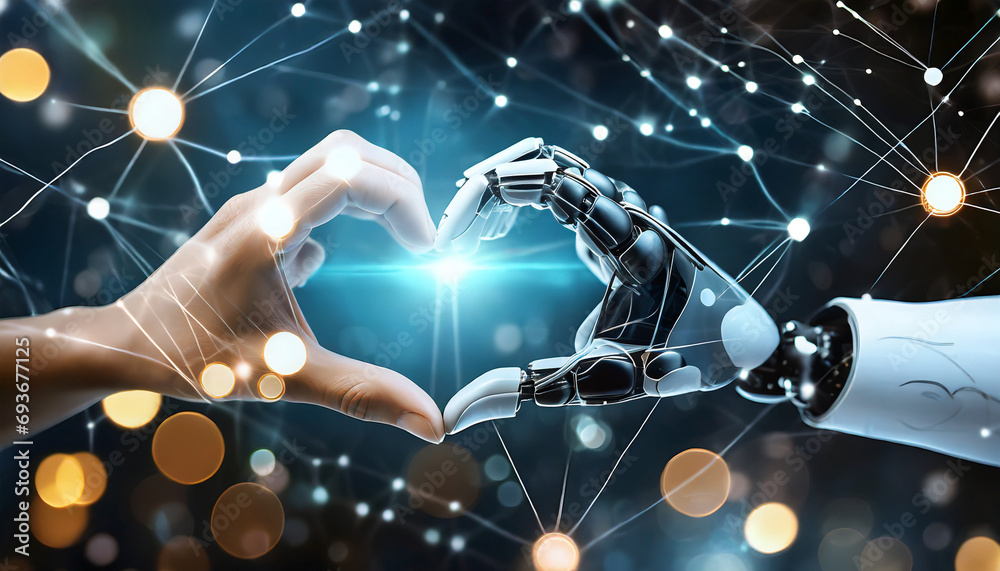 main de robot et d'homme en forme de cœur, concept IA, technologie, intelligence